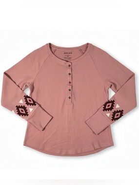 Ariat Pink Henley Top Western Aztec Cuff Detail Long Sleeve Size M